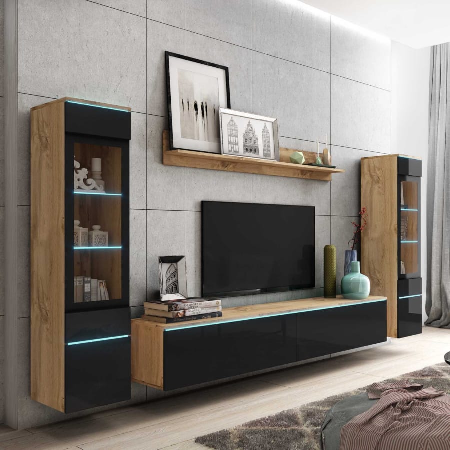 Meuble TV contemporain ch&ecirc;ne et noir laqu&eacute; avec LED